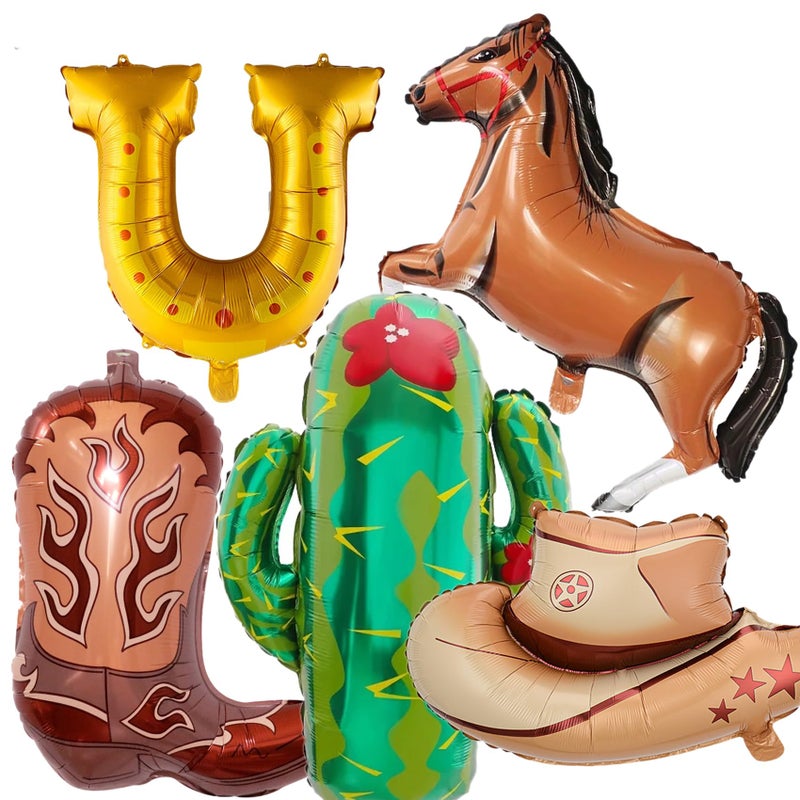 KHC-KHF WesternBalloons CowboyBalloon 5PCS Horse Horseshoe Boot Cowboy Hat Cactus Foil Balloons Western Birthday Party Rodeo Bachelorette Decoration Supply - Image 3