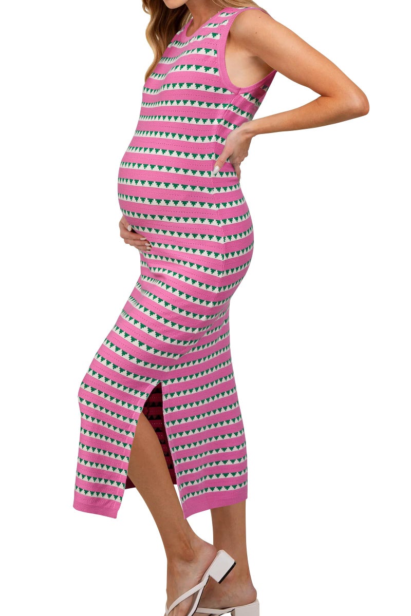 OUGES Women's 2026 Summer Maternity Dress for Photoshoot Baby Shower Midi Dress Sleeveless Crewneck Side Slit Bodycon Striped Knit Sweater Dress(Hot Pink White Striped,M) - Image 1