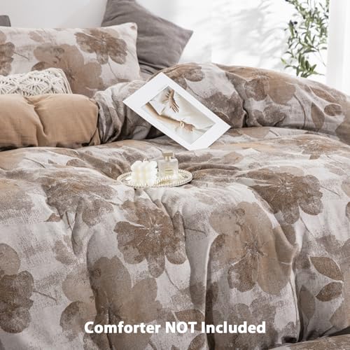 TodaFre Brown Floral 100% Cotton Duvet Cover King Size, Luxury Percale Bedding Set for All Seasons - 1 Patterned Duvet Cover 104x90 Inches with Zipper Closure, 2 Pillowcases - Image 2