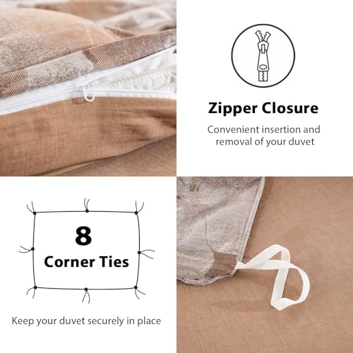 TodaFre Brown Floral 100% Cotton Duvet Cover King Size, Luxury Percale Bedding Set for All Seasons - 1 Patterned Duvet Cover 104x90 Inches with Zipper Closure, 2 Pillowcases - Image 4