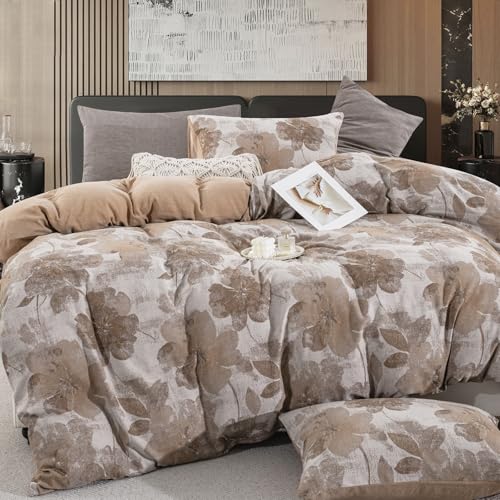 TodaFre Brown Floral 100% Cotton Duvet Cover King Size, Luxury Percale Bedding Set for All Seasons - 1 Patterned Duvet Cover 104x90 Inches with Zipper Closure, 2 Pillowcases - Image 1