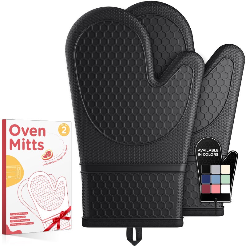 Kitsure Silicone Oven Mitts, Set of 2, Heat Resistant, Oven Gloves with Soft Lining, Non-Slip Kitchen Essentials, Kitchen Gadgets, Apartment Essentials, Great Gift for Cooking, Baking, Black - Image 1