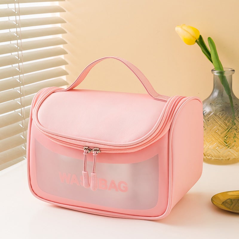 PU Waterproof Cosmetic Bag Travel Portable Portable Storage Bag PVC Transparent Toiletry Bag Flip Hook Toiletry Bag Women Pink with hook-cosmetic bag