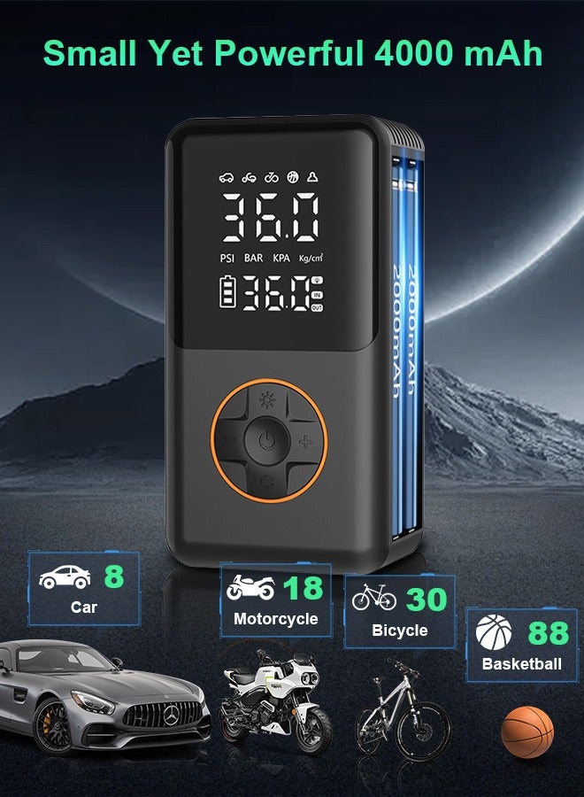 Portable Car Tyre Inflator,Electric Air Compressor,Cordless Tire Inflator with 4000mAh Battery Power Bank/Auto Stop/LED Light/LCD Digital Dual Display,150 PSI Fast Inflation Air Pump for Car,Motorcycle,Bicycle,Ball
