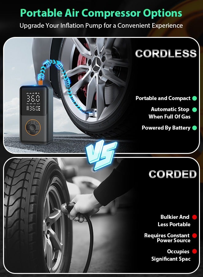 Portable Car Tyre Inflator,Electric Air Compressor,Cordless Tire Inflator with 4000mAh Battery Power Bank/Auto Stop/LED Light/LCD Digital Dual Display,150 PSI Fast Inflation Air Pump for Car,Motorcycle,Bicycle,Ball