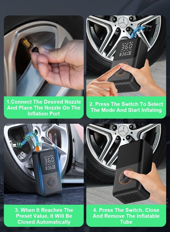 Portable Car Tyre Inflator,Electric Air Compressor,Cordless Tire Inflator with 4000mAh Battery Power Bank/Auto Stop/LED Light/LCD Digital Dual Display,150 PSI Fast Inflation Air Pump for Car,Motorcycle,Bicycle,Ball