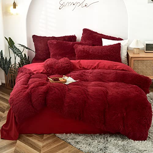 MorroMorn 5 PCS Shaggy Duvet Cover Bedding Set Fluffy Comforter Cover Long Faux Fur Luxury Ultra Soft Cozy Dark Red FullQueen