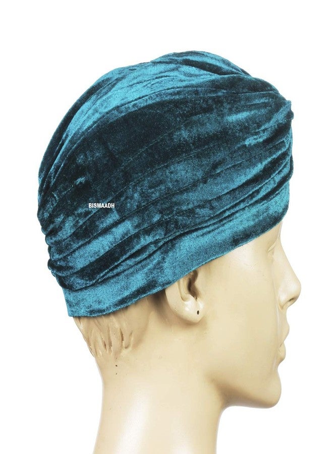 BISMAADH Soft Velvet Twisted Pleated Pre Tied Knot Readymade Turban/Pagri Chemo Cap Head Wraps-Cover for Men’s & Women’s (Peacock Green) - Image 5
