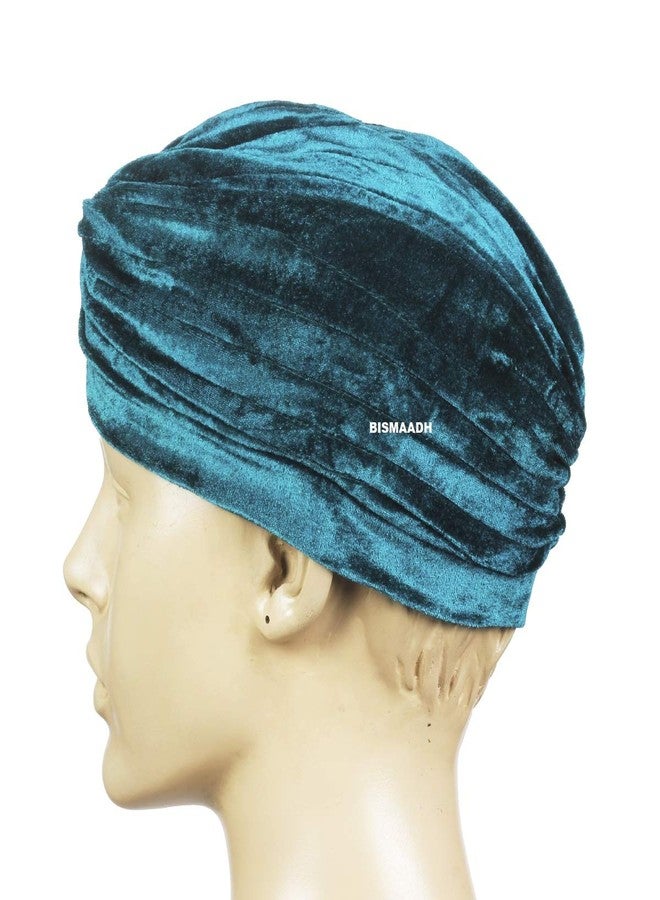 BISMAADH Soft Velvet Twisted Pleated Pre Tied Knot Readymade Turban/Pagri Chemo Cap Head Wraps-Cover for Men’s & Women’s (Peacock Green) - Image 2