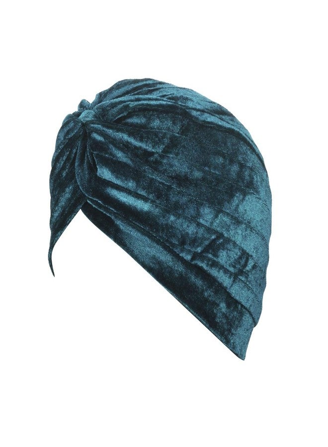BISMAADH Soft Velvet Twisted Pleated Pre Tied Knot Readymade Turban/Pagri Chemo Cap Head Wraps-Cover for Men’s & Women’s (Peacock Green) - Image 1