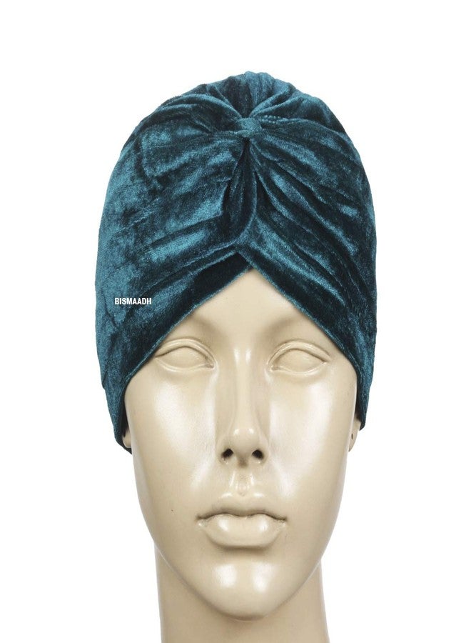 BISMAADH Soft Velvet Twisted Pleated Pre Tied Knot Readymade Turban/Pagri Chemo Cap Head Wraps-Cover for Men’s & Women’s (Peacock Green) - Image 4