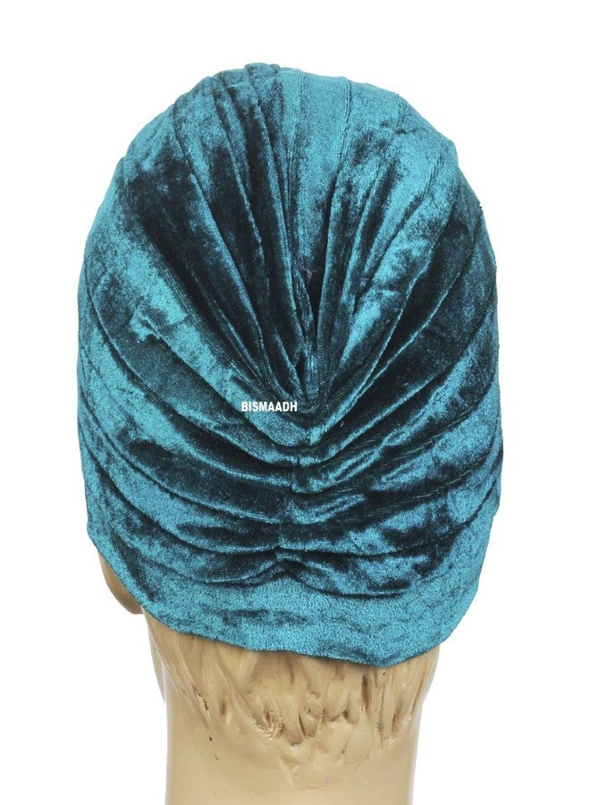 BISMAADH Soft Velvet Twisted Pleated Pre Tied Knot Readymade Turban/Pagri Chemo Cap Head Wraps-Cover for Men’s & Women’s (Peacock Green) - Image 3