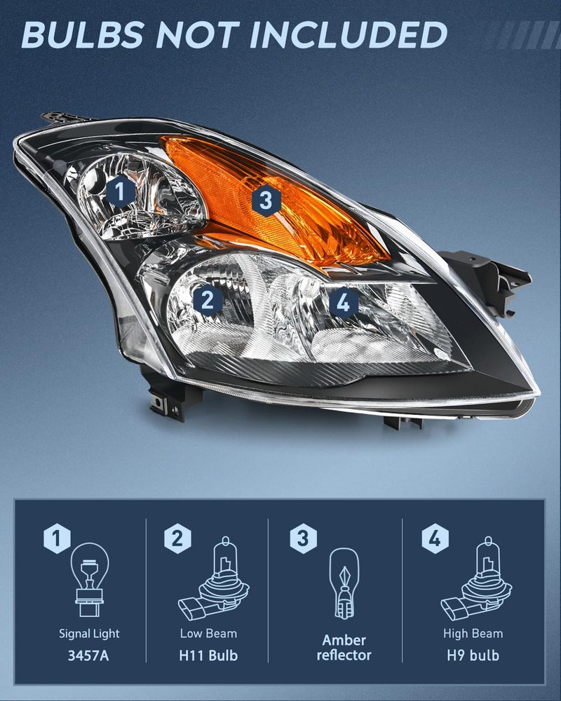 Nilight Headlight Assembly Compatible with 2007 2008 2009 Nissan Altima 4Dr Sedan Headlamps Replacement Black Housing Amber Reflector Clear Lens Driver and Passenger Side - Image 2