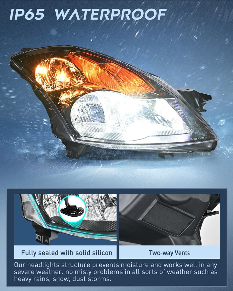 Nilight Headlight Assembly Compatible with 2007 2008 2009 Nissan Altima 4Dr Sedan Headlamps Replacement Black Housing Amber Reflector Clear Lens Driver and Passenger Side - Image 4