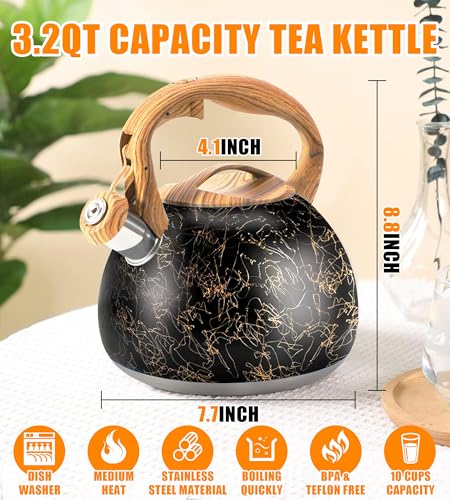 Foedo 3.2Qt Whistling Tea Kettle for Stove Top, Food Grade Stainless Steel Wood Handle Teapot, Durable for Brewing Coffee, Tea, Milk, Suitable for All Heat Sources (Golden line) - Image 4