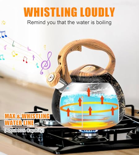 Foedo 3.2Qt Whistling Tea Kettle for Stove Top, Food Grade Stainless Steel Wood Handle Teapot, Durable for Brewing Coffee, Tea, Milk, Suitable for All Heat Sources (Golden line) - Image 3