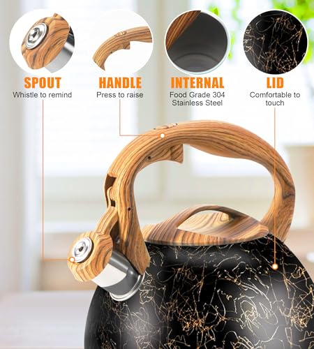 Foedo 3.2Qt Whistling Tea Kettle for Stove Top, Food Grade Stainless Steel Wood Handle Teapot, Durable for Brewing Coffee, Tea, Milk, Suitable for All Heat Sources (Golden line) - Image 2
