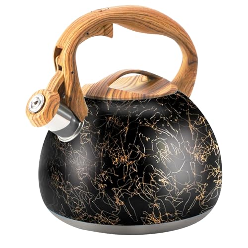 Foedo 3.2Qt Whistling Tea Kettle for Stove Top, Food Grade Stainless Steel Wood Handle Teapot, Durable for Brewing Coffee, Tea, Milk, Suitable for All Heat Sources (Golden line) - Image 1