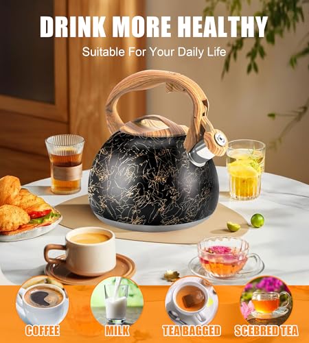 Foedo 3.2Qt Whistling Tea Kettle for Stove Top, Food Grade Stainless Steel Wood Handle Teapot, Durable for Brewing Coffee, Tea, Milk, Suitable for All Heat Sources (Golden line) - Image 5