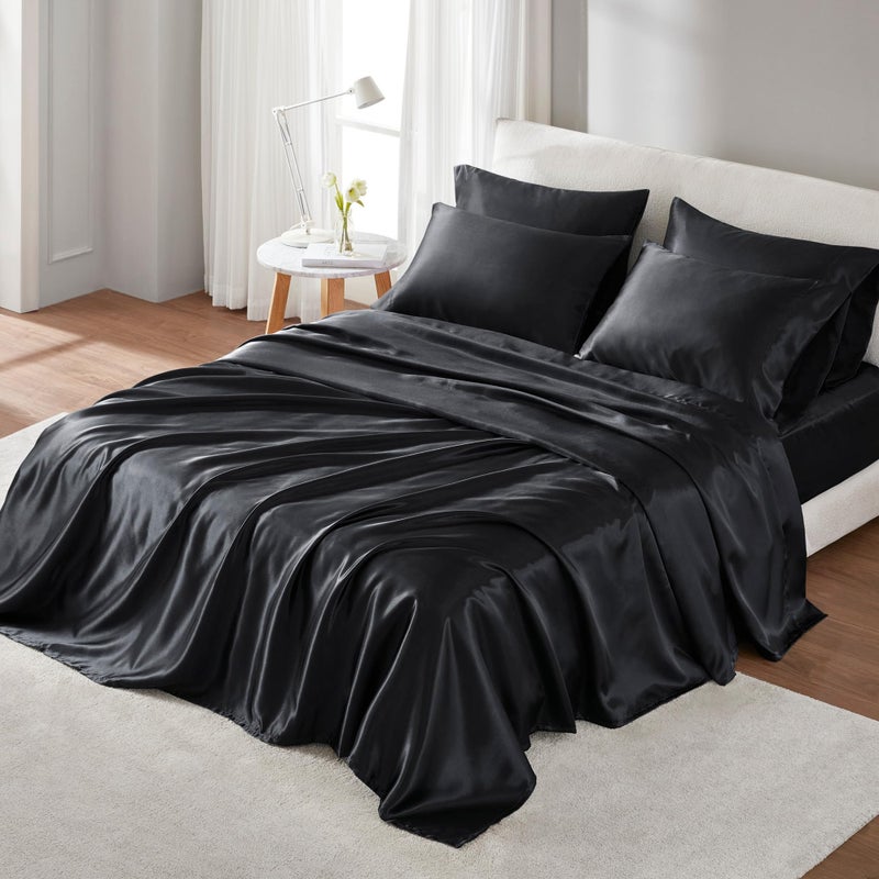 Madison Park Essentials Satin Sheet Set Luxury and Silky with Natural Sheen, Elastic 14" Pocket fits up to 16" Mattress, All Around Elastic - Year-Round Bedding, Full, Black, 6 Piece - Image 1