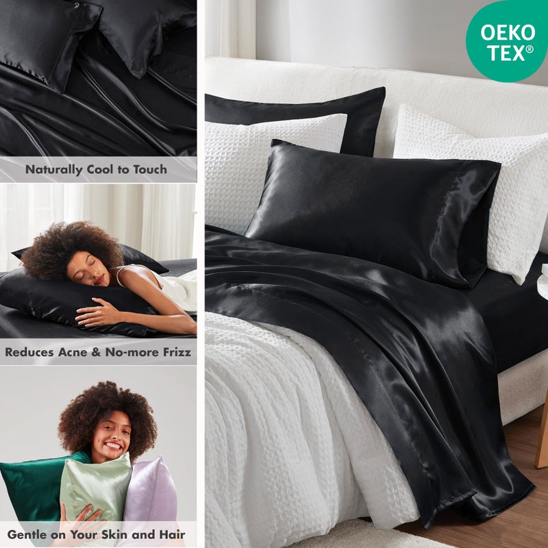 Madison Park Essentials Satin Sheet Set Luxury and Silky with Natural Sheen, Elastic 14" Pocket fits up to 16" Mattress, All Around Elastic - Year-Round Bedding, Full, Black, 6 Piece - Image 2