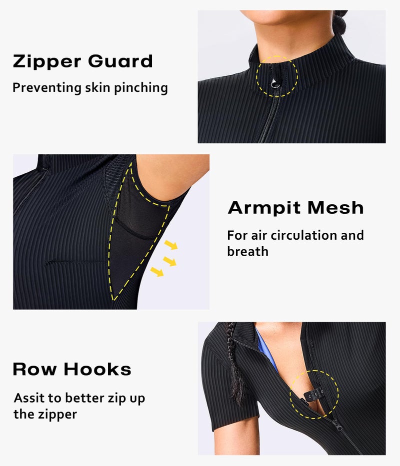 Junlan Waist Trainer Sauna Suit for Women Ribbed Full Body Sweat Suit Shirt (Blue,Medium) - Image 3