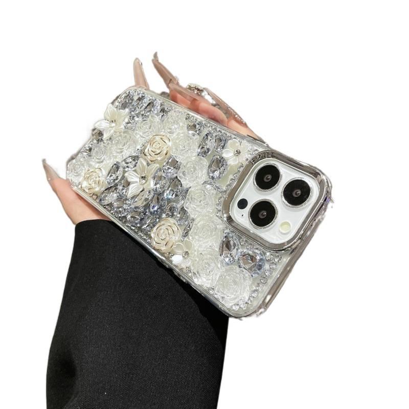 غطاء واقي، نقش وردة , عنصر سلسلة، Electroplated Frame with Flowers and Full Diamonds، لـ iPhone 17 / 17 Air / 17 Pro / 17 Pro Max، TPU بتصميم زهري من مادة TPU خفيف الحمل - Image 5