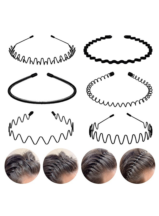 6 Pieces Metal Headbands Wavy Hairband Spring Hair Hoop Sports Fashion Hair Bands Unisex Black Elastic Non Slip Simple Headwear Accessories - Image 1