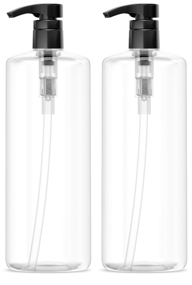 Bar5F Empty Shampoo Bottles with Pumps (2-Pack 32oz/1Liter/Large) BPA-Free PETE1 Plastic Bottle Crystal-Clear - Image 1