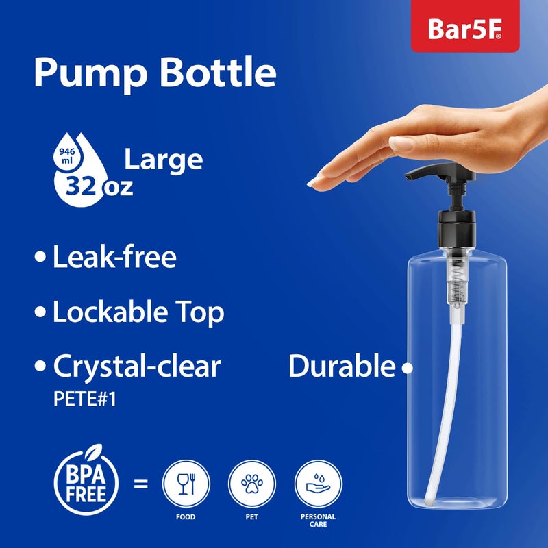 Bar5F Empty Shampoo Bottles with Pumps (2-Pack 32oz/1Liter/Large) BPA-Free PETE1 Plastic Bottle Crystal-Clear - Image 2