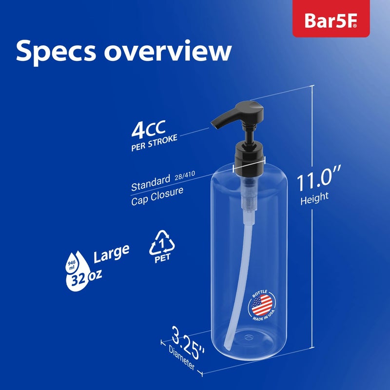 Bar5F Empty Shampoo Bottles with Pumps (2-Pack 32oz/1Liter/Large) BPA-Free PETE1 Plastic Bottle Crystal-Clear - Image 3