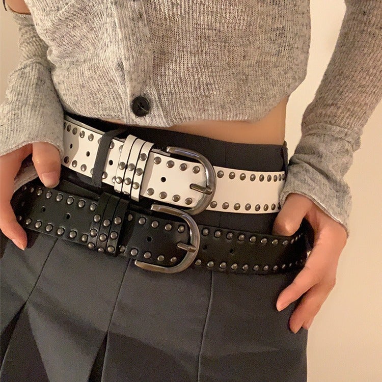 Women's Y2K Punk Rivet Belt PU Leather Wide Waist Belt - Image 1