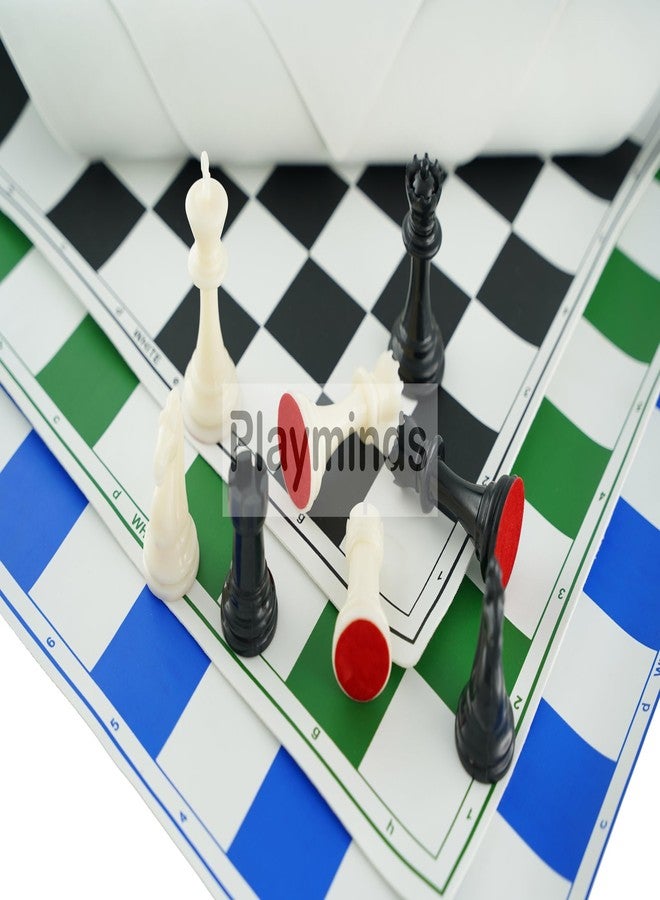 Playminds 20'' x 20'' Tournament Chess Vinyl Foldable Chess Game with Solid Plastic Pieces (with Two Extra Queens + Pouch for Mat + Bag) - for Professional Chess Players - Combo of 3 Mats - Image 1