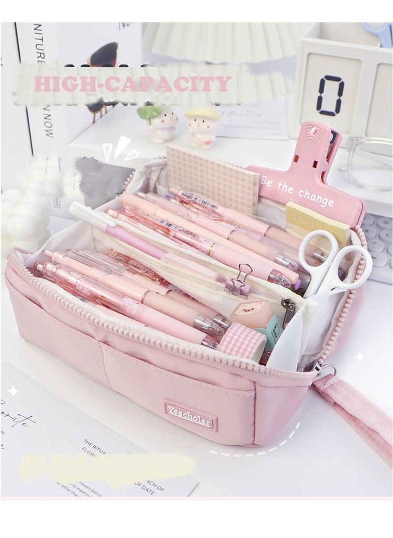 Beauenty Big Capacity Large Pencil Case School Students Pen Pouch Stationery Bag With 8 Slots Pink  - Image 2