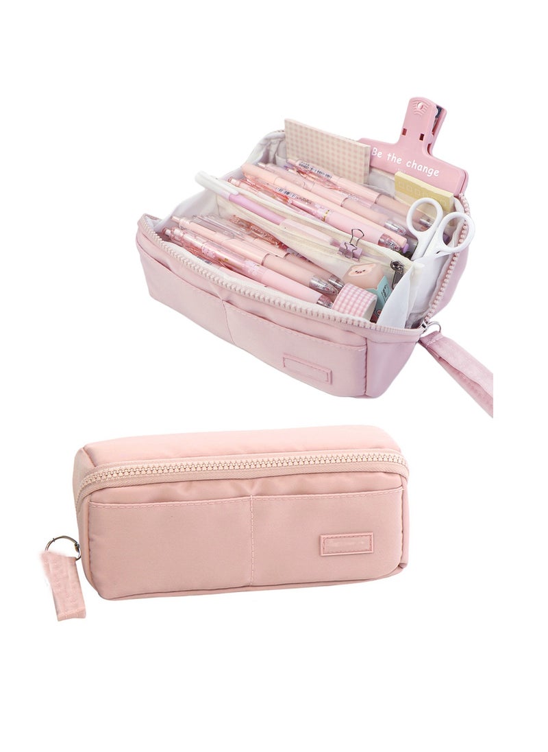 Beauenty Big Capacity Large Pencil Case School Students Pen Pouch Stationery Bag With 8 Slots Pink  - Image 1