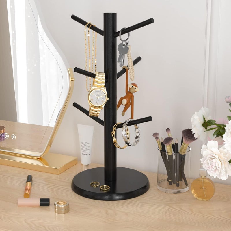 Wisuce Black Coffee Mug Tree, Updated Thick Bamboo Mug Holder Base,Coffee Cup Stand Mug Holders with 6 Hooks for Countertop Cup Rack Organizer Stand (Black) - Image 4