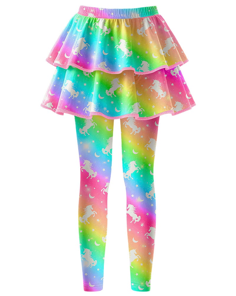 OlyPegic Girls Leggings with Skirt Toddler Kids Leggings Skirt Pants Rainbow Unicorn Footless Tights with Ruffle 3-8 Years - Image 1