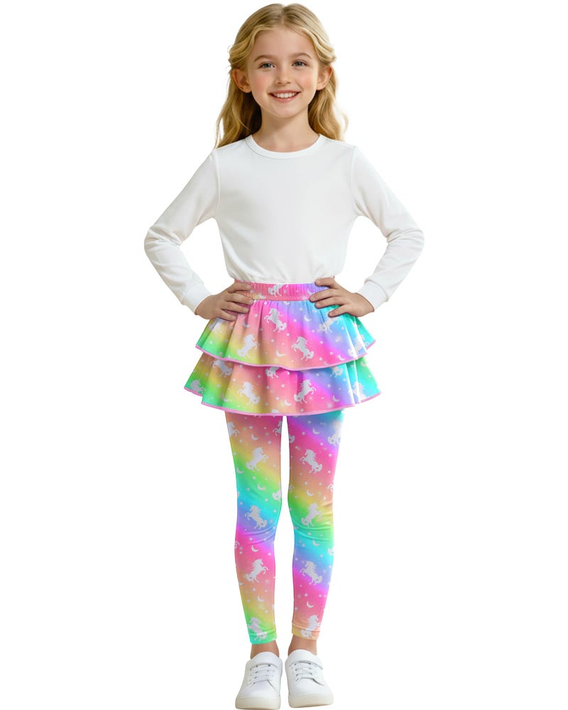 OlyPegic Girls Leggings with Skirt Toddler Kids Leggings Skirt Pants Rainbow Unicorn Footless Tights with Ruffle 3-8 Years - Image 2