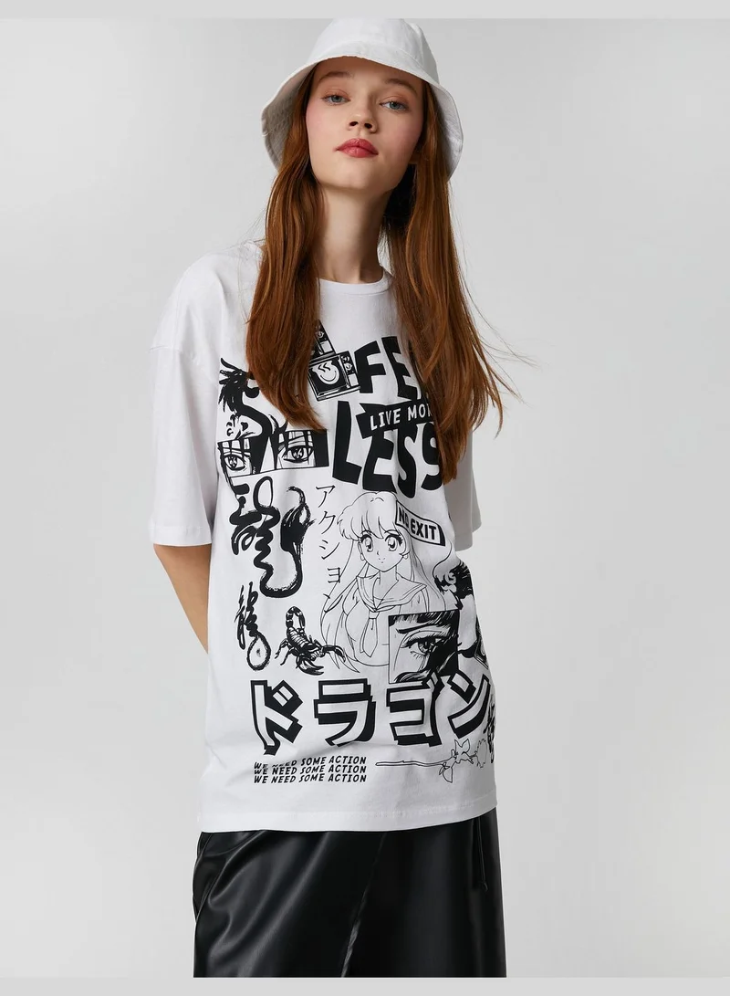 KOTON Crew Neck Short Sleeve Far East Printed T-Shirt