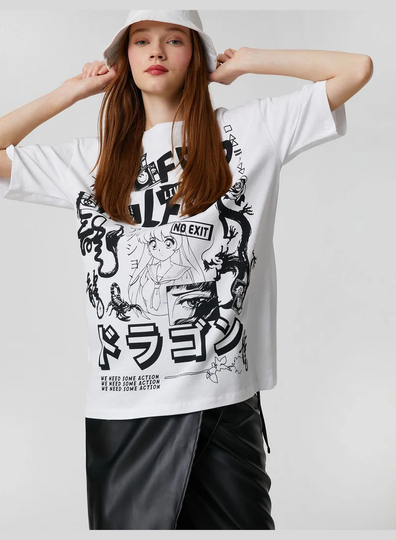 KOTON Crew Neck Short Sleeve Far East Printed T-Shirt