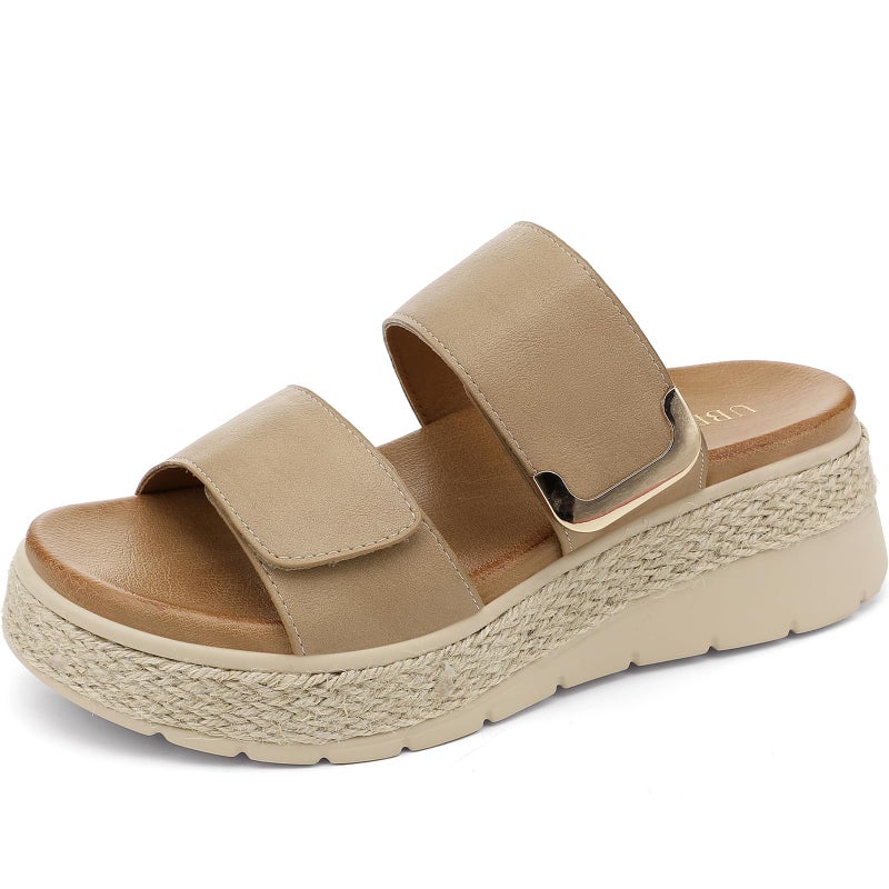 UBFEN Womens Espadrille Platform Sandals Low Wedge Slides Orthopedic Arch Support Two Adjustable Straps Dressy Casual Sandals for Beach Summer Walking Khaki Size US 8.5 - Image 1