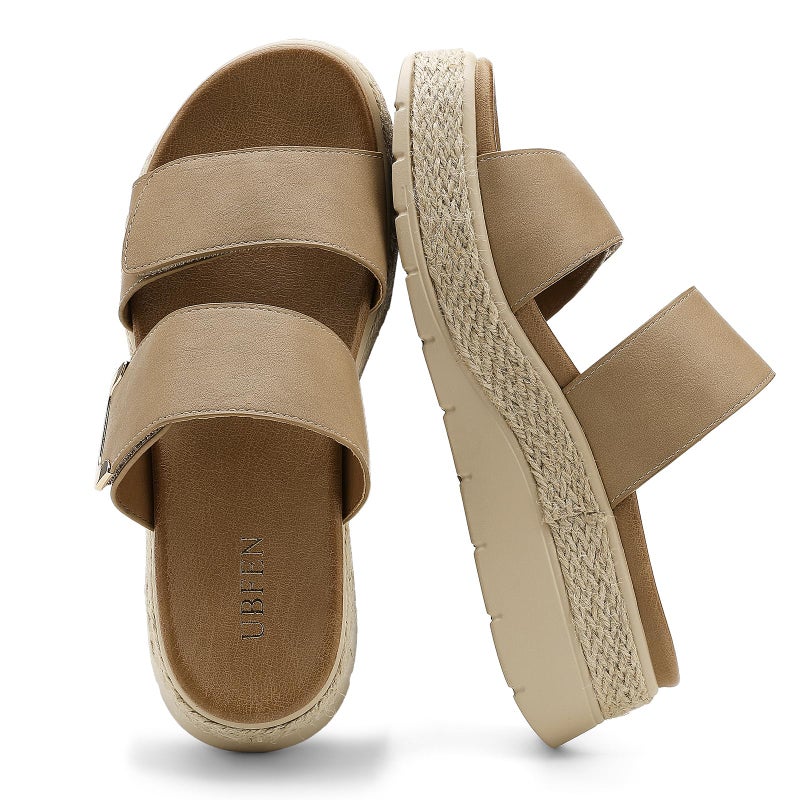 UBFEN Womens Espadrille Platform Sandals Low Wedge Slides Orthopedic Arch Support Two Adjustable Straps Dressy Casual Sandals for Beach Summer Walking Khaki Size US 8.5 - Image 3