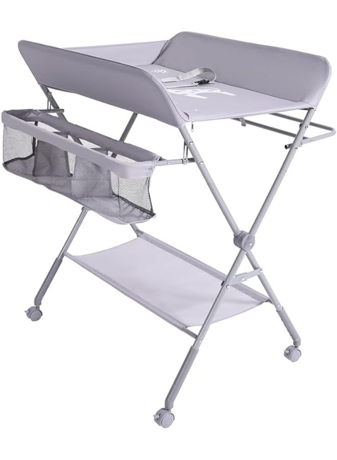 Baby Changing Table with Wheels, Folding Baby Diaper Changing Tables, 5 level Height Adjustable Infant Care Station with Storage Shelf, Newborn Massage Tables Diaper Organizer
