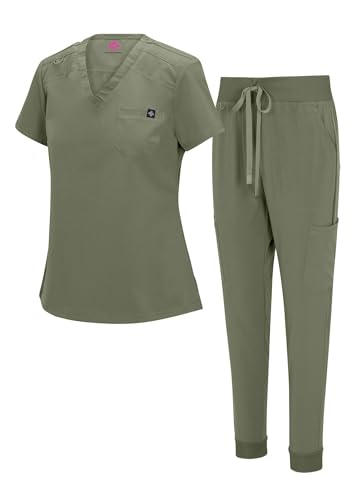 Natural Uniforms Womens Cool Stretch Modern Tuck-In Top Yoga Jogger Scrub Set (Olive, Large) - Image 1