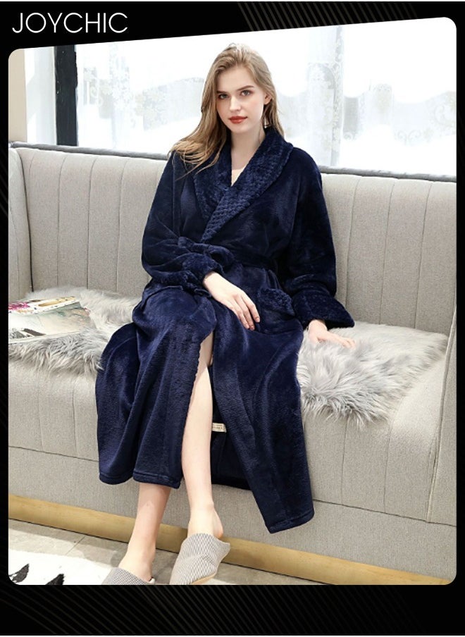 Joychic Women Pajamas Autumn and Winter Long-sleeved Nightgown Flannel Thickened Warm Windproof Sleep Robe for Bedroom Home Navy Blue  - Image 3