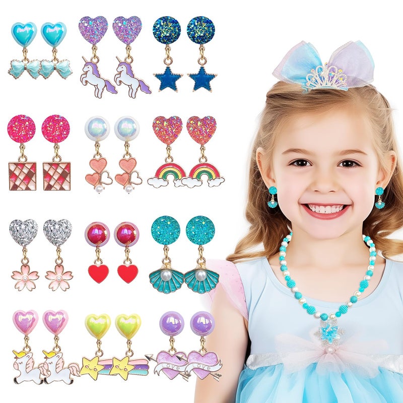 ELEMIRSA 12 Pairs Clip On Earrings Girl Party Favor Princess Clip on Earrings Pretend Play Unicorn Earrings for Little Girl Kids Toddlers Jewelry Set - Image 2