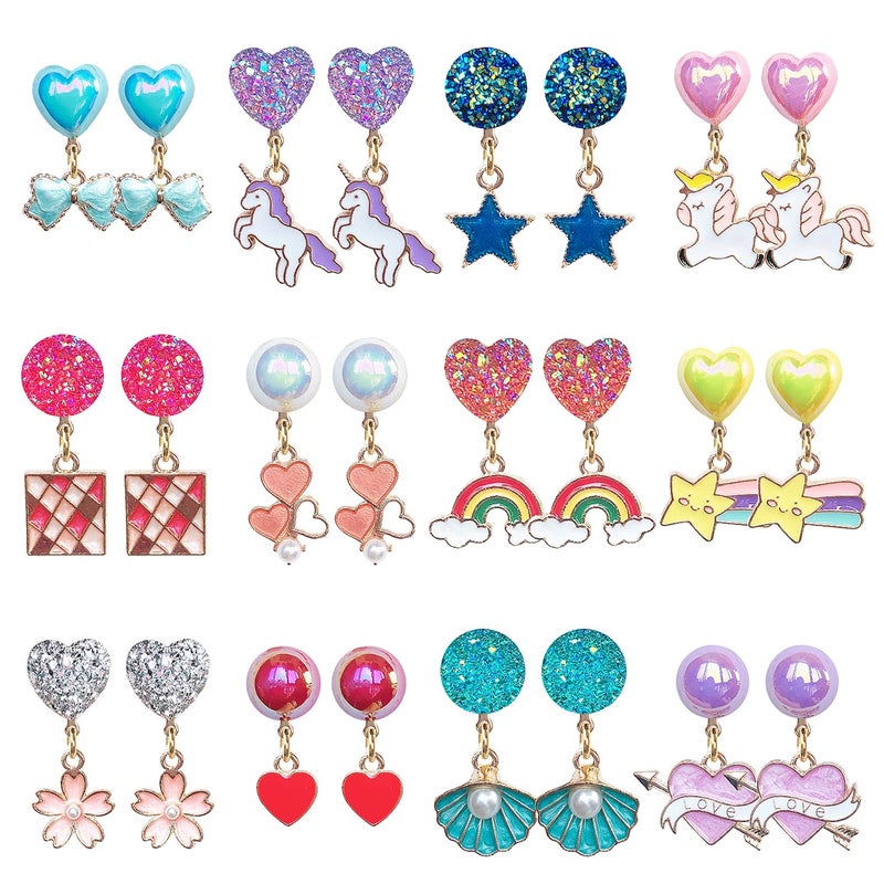 ELEMIRSA 12 Pairs Clip On Earrings Girl Party Favor Princess Clip on Earrings Pretend Play Unicorn Earrings for Little Girl Kids Toddlers Jewelry Set - Image 1