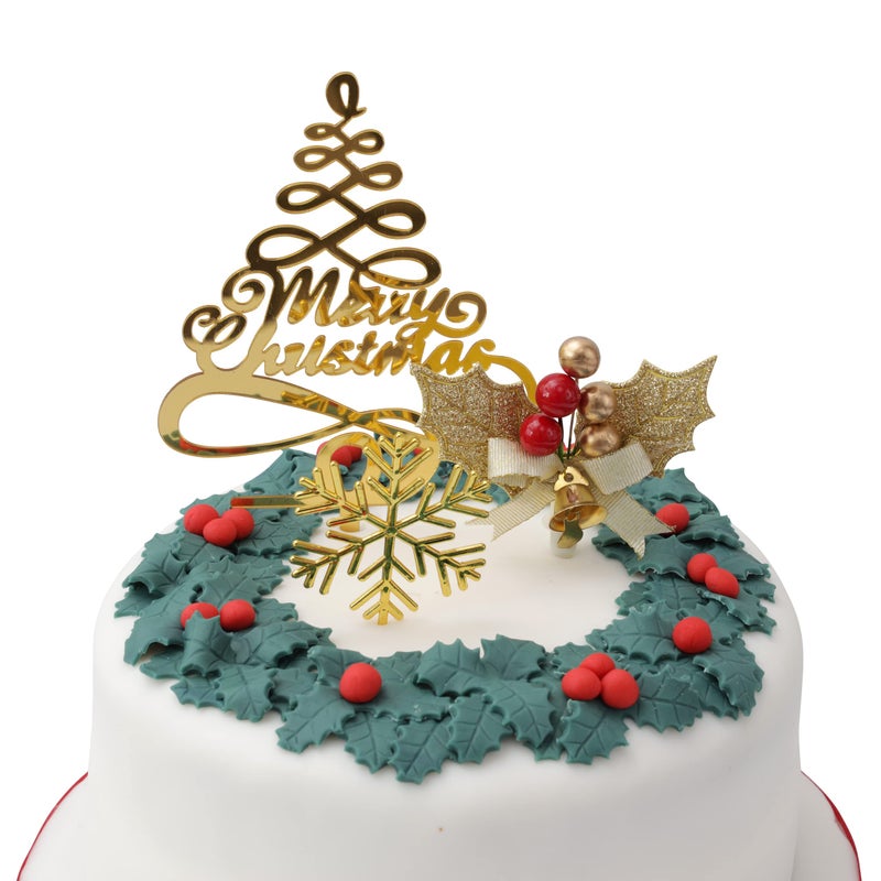 evelay Gold Merry Christmas Cake Decoration Yule Log Cupcake Toppers (3 Piece Gold Leaf Holly Set) - Image 1
