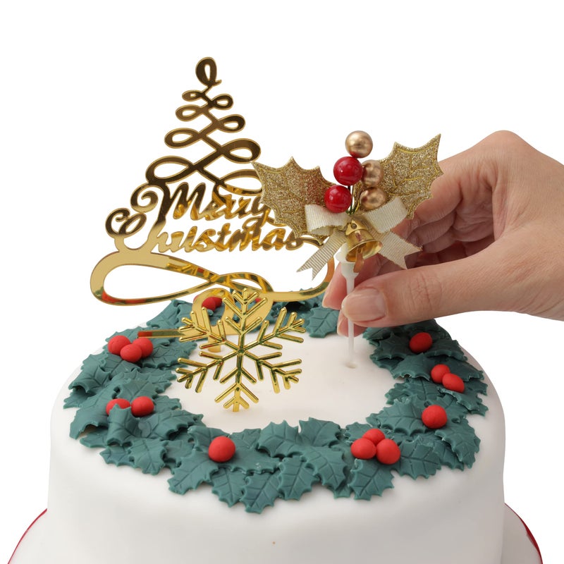 evelay Gold Merry Christmas Cake Decoration Yule Log Cupcake Toppers (3 Piece Gold Leaf Holly Set) - Image 2