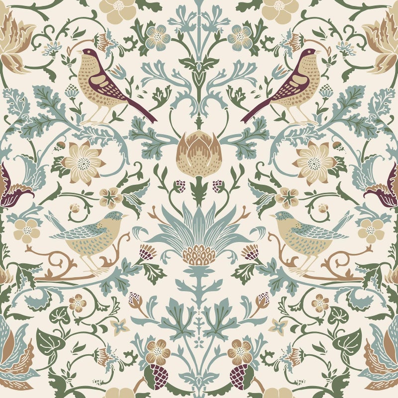 WESTICK Peel and Stick William Morris Wallpaper Vintage Birds Floral Wallpaper Green Leaf Neutral Botanical Wall Paper Boho Self Adhesive Floral Contact Paper for Bedroom Bathroom Laundry 17.5"x102" - Image 1